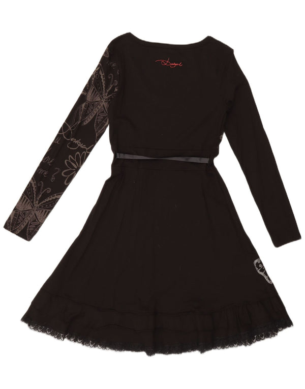 Desigual Vestido Acampanado para Mujer UK 40 Mediano Negro Floral Colorido