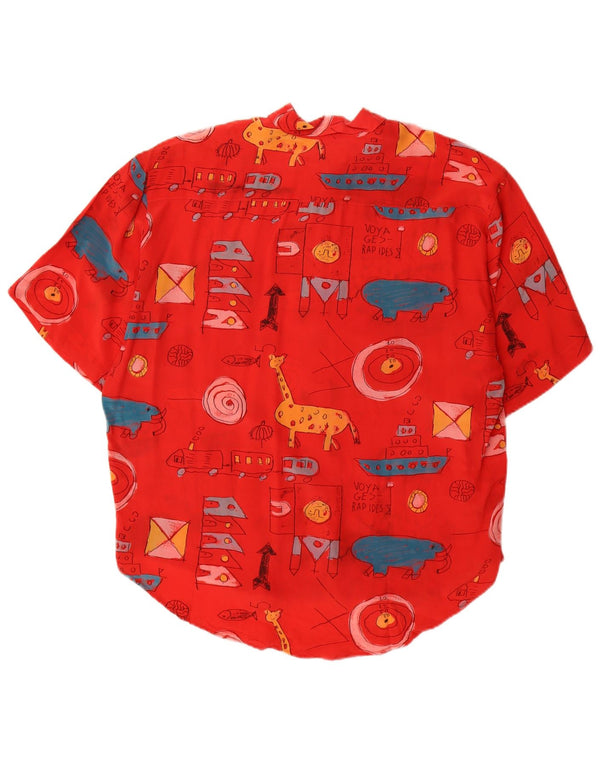 Vintage mujer gráfica manga corta camisa blusa EU 40 seda roja mediana