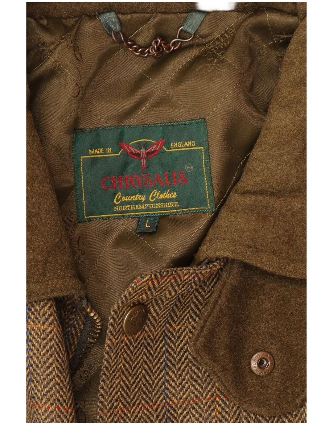 CHRYSALIS Chaqueta utilitaria para hombre UK 40 Large Khaki Herringbone Wool Classic