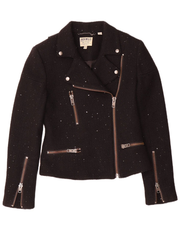 Jack Wills Chaqueta motera para mujer UK 12 Mediana Lana moteada negra