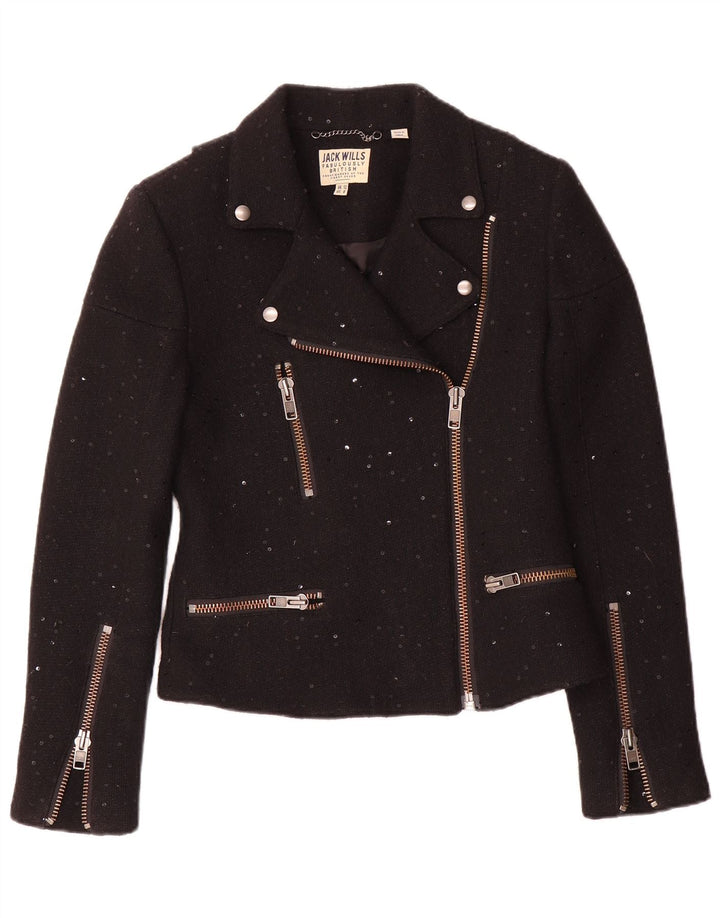 Jack Wills Chaqueta motera para mujer UK 12 Mediana Lana moteada negra