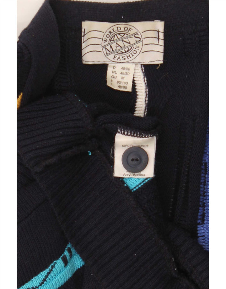 Vintage hombres Cardigan suéter medio azul marino rayas algodón