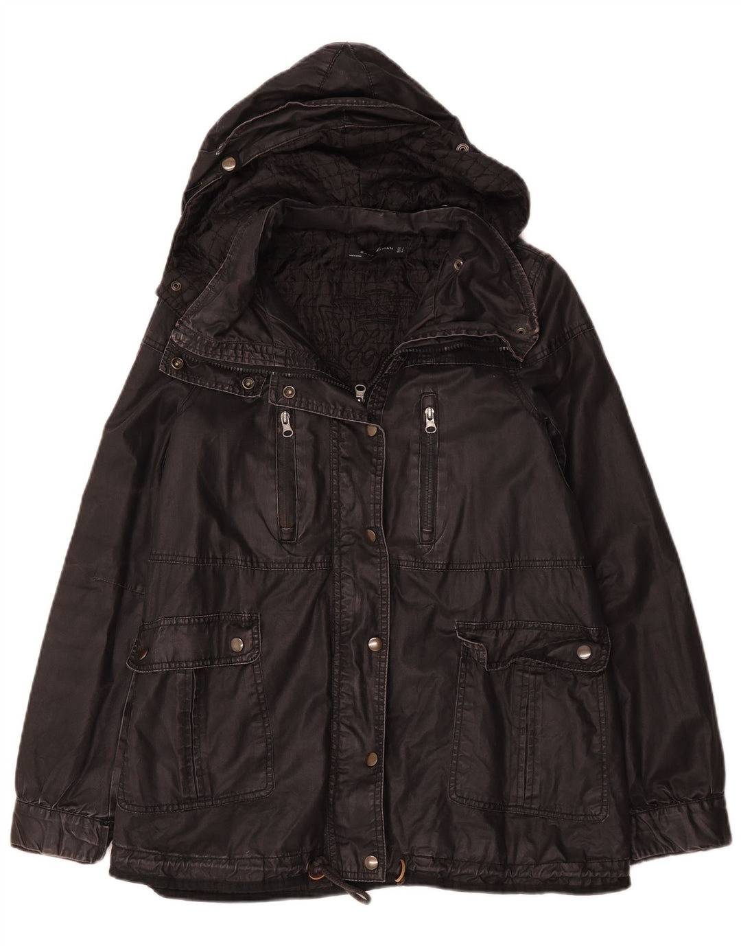 Zara Mujer Chaqueta De Algodón Encerado Con Capucha Reino Unido 44 Mediano Negro