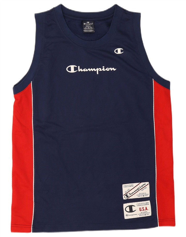 CHAMPION Mens Graphic Vest Top Small Navy Blue Colourblock Polyester