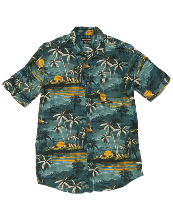 Atlas For Men Camisa de manga corta para hombre Algodón floral verde medio hawaiano
