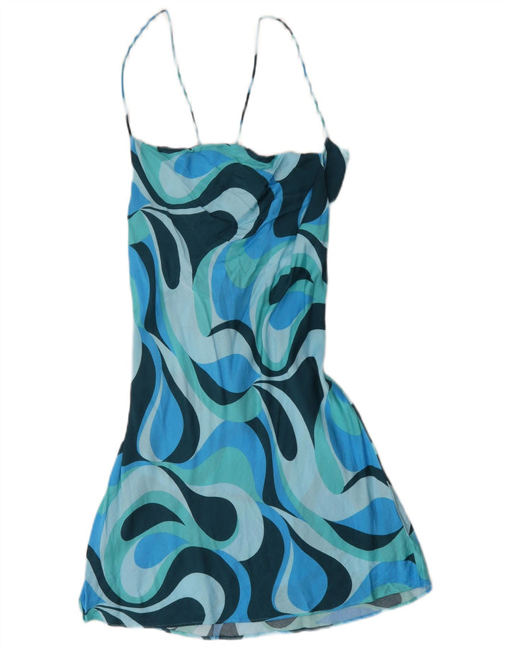 Zara Mujer Vestido De Tirantes Con Estampado Abstracto UK 40 Grande Viscosa Con Bloques De Color Azul