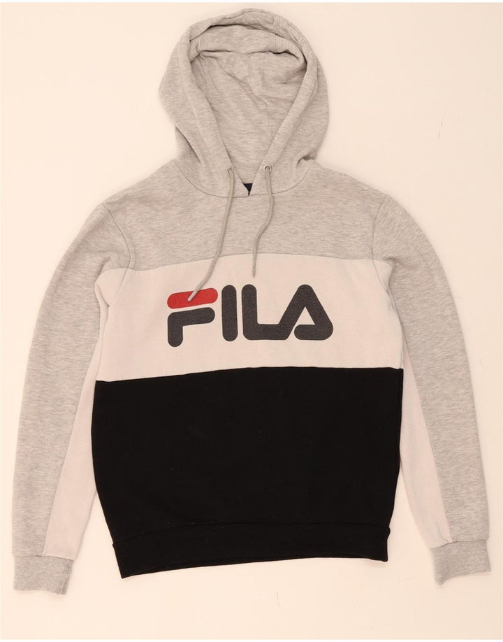 FILA Mens Graphic Hoodie Jumper Small Grey Colourblock Polyester Vintage Fila and Second-Hand Fila from Messina Hembry 
