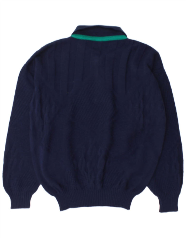 Vintage hombres polo cuello jersey suéter grande azul marino lana