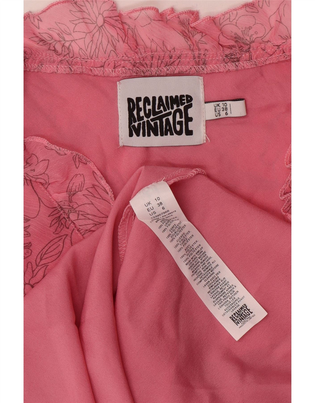 Vintage mujer sin mangas A-Line vestido Reino Unido 10 pequeño poliéster floral rosa