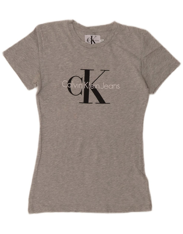 CALVIN KLEIN JEANS Camiseta gráfica para mujer Top UK 6 XS Algodón moteado gris