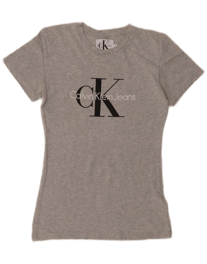 CALVIN KLEIN JEANS Camiseta gráfica para mujer Top UK 6 XS Algodón moteado gris