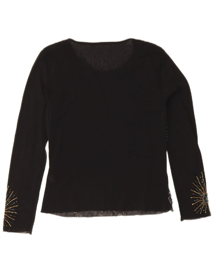 Vintage mujer top manga larga Reino Unido 10 pequeño negro floral viscosa