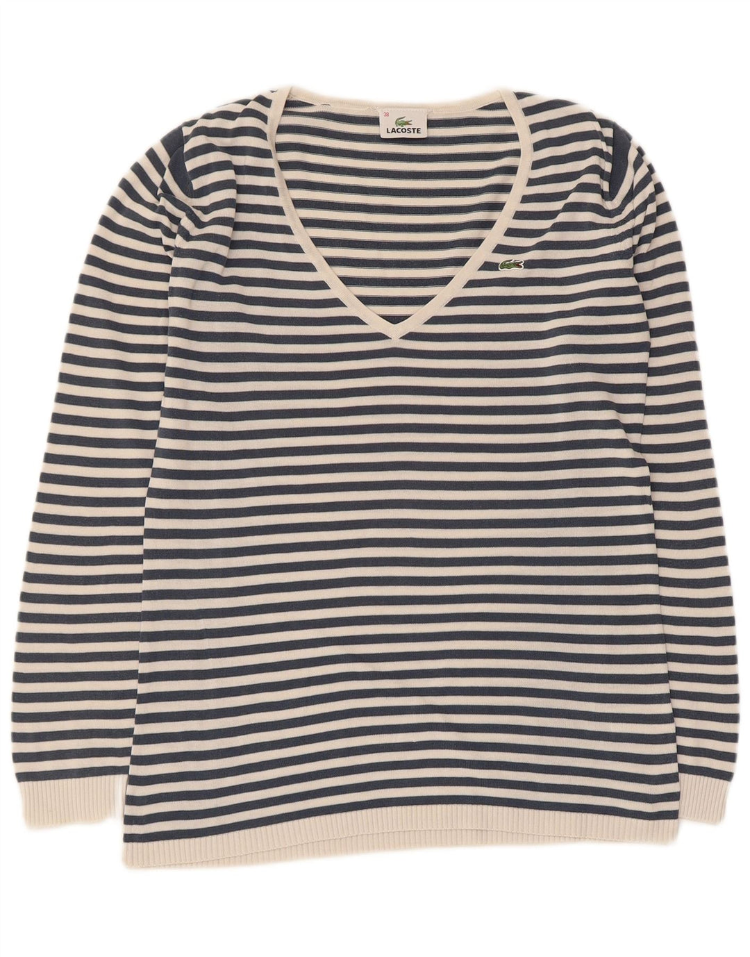 Lacoste Jersey con cuello en V para mujer Talla 38 Mediana Rayas azul marino