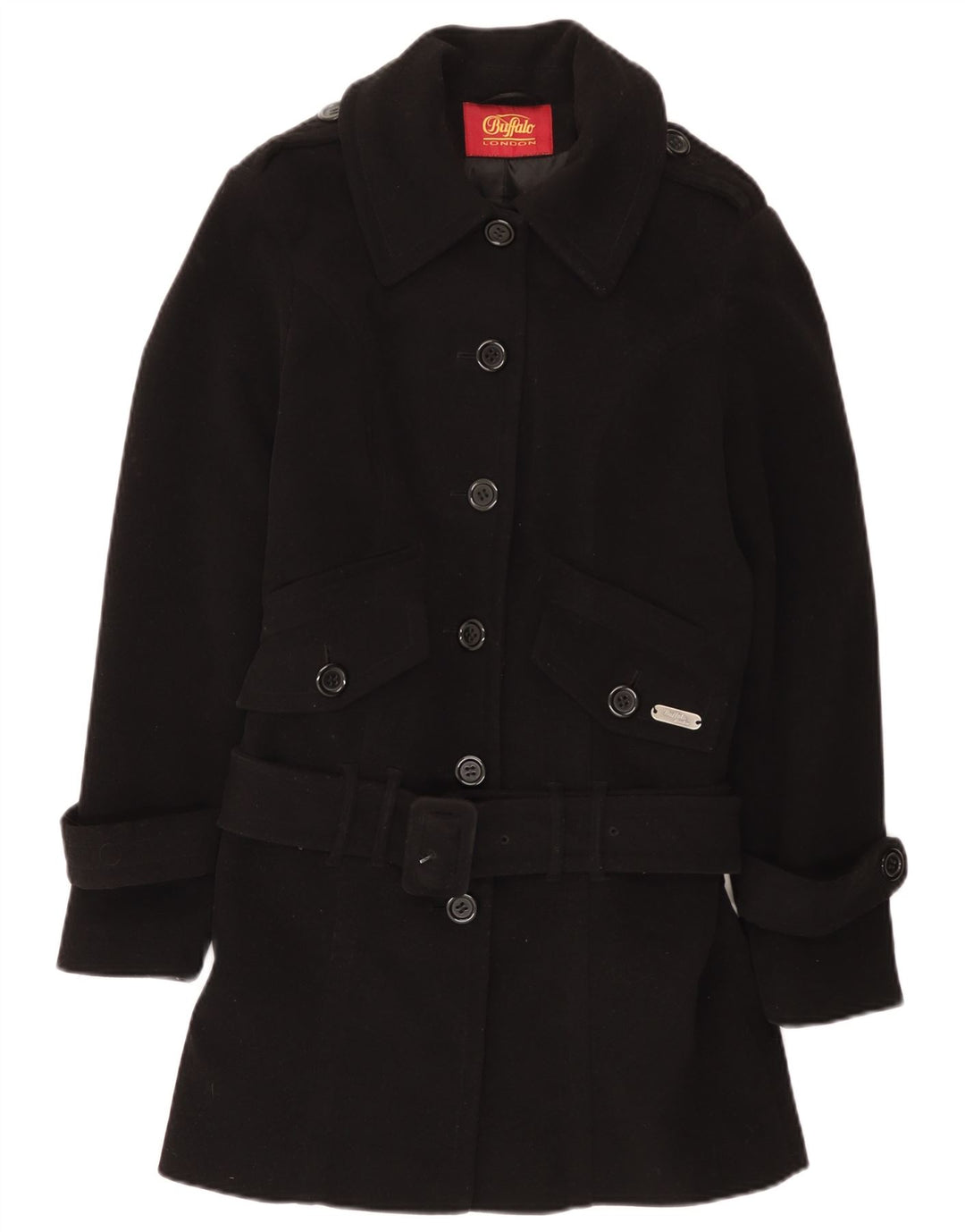 Abrigo Buffalo con cinturón para mujer UK 10 Small Poliéster negro
