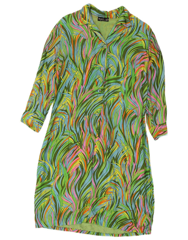 Vintage mujeres patrón abstracto 3/4 manga camisa vestido Reino Unido 12 verde medio