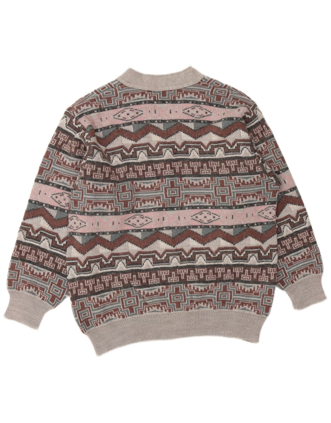 VINTAGE Hombres V-Cuello Jumper Suéter Gris Medio Geométrico