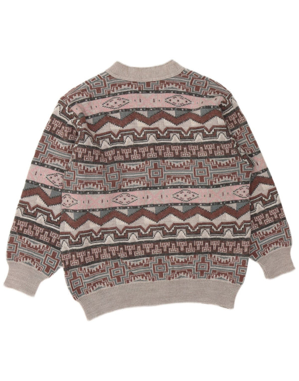 VINTAGE Hombres V-Cuello Jumper Suéter Gris Medio Geométrico