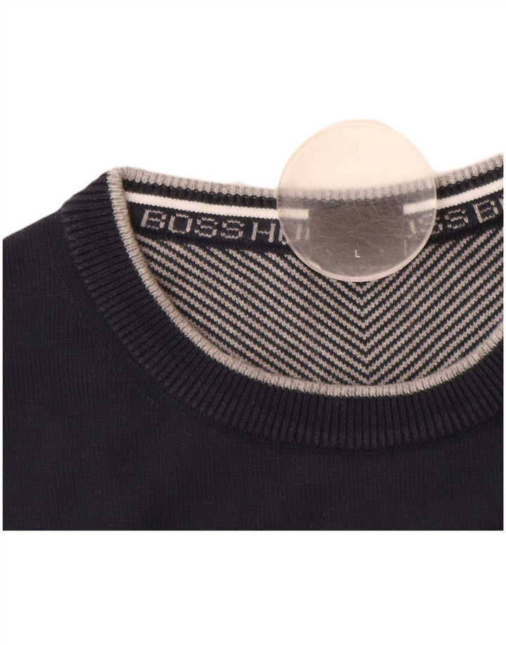 HUGO BOSS Jersey con cuello redondo para hombre, talla grande, algodón azul marino