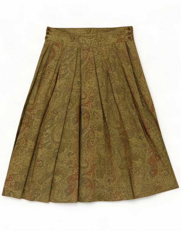 Vintage mujer falda plisada Reino Unido 12 Medio W28 Verde Paisley Viscosa