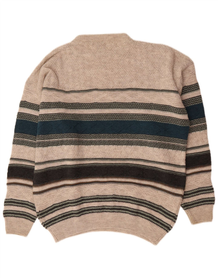Jersey de cuello redondo para hombre de Islandia, suéter grande de lana a rayas beige