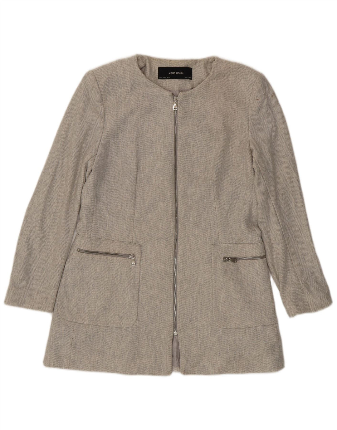 Zara Mujer Chaqueta Blazer Con Cremallera Completa UK 40 XL Algodón Gris Espiga