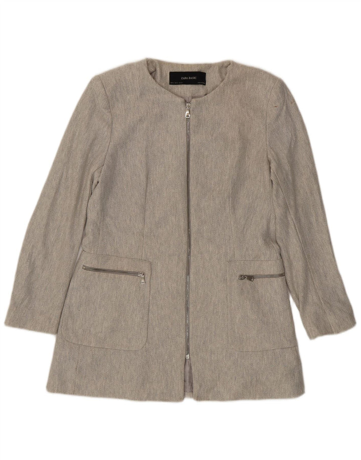 Zara Mujer Chaqueta Blazer Con Cremallera Completa UK 40 XL Algodón Gris Espiga