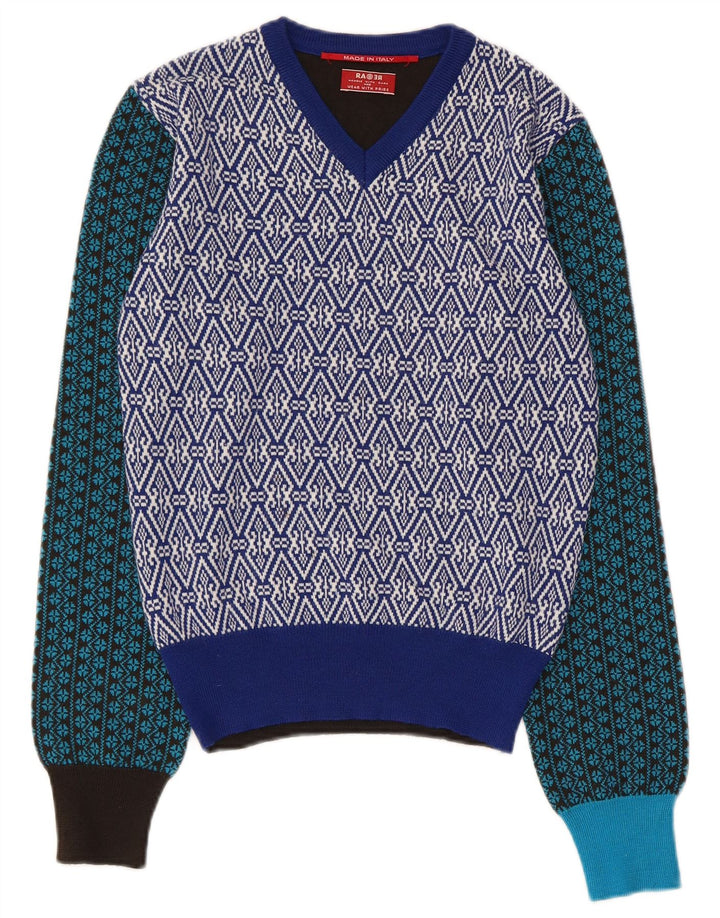Vintage mujer V-cuello jumper suéter Reino Unido 14 medio multicolor patchwork