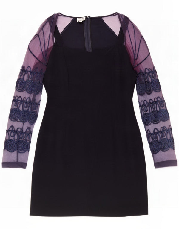 Vestido tubo de manga larga vintage para mujer UK 44 Medio Azul marino floral