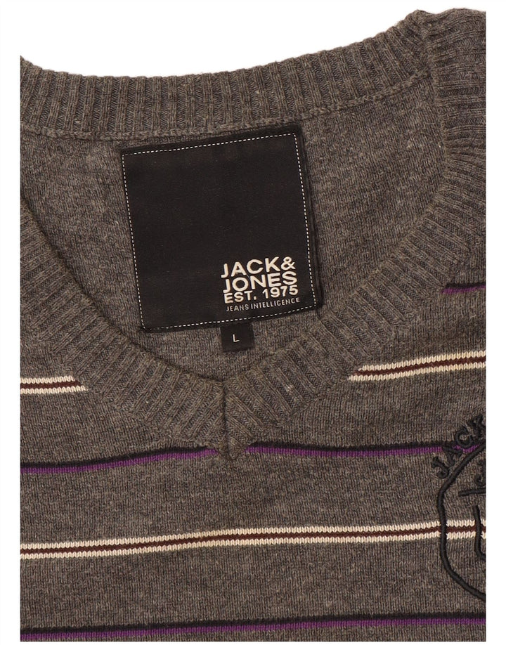 Jack & Jones Jersey con cuello en V gráfico para hombre, talla grande, gris, a rayas
