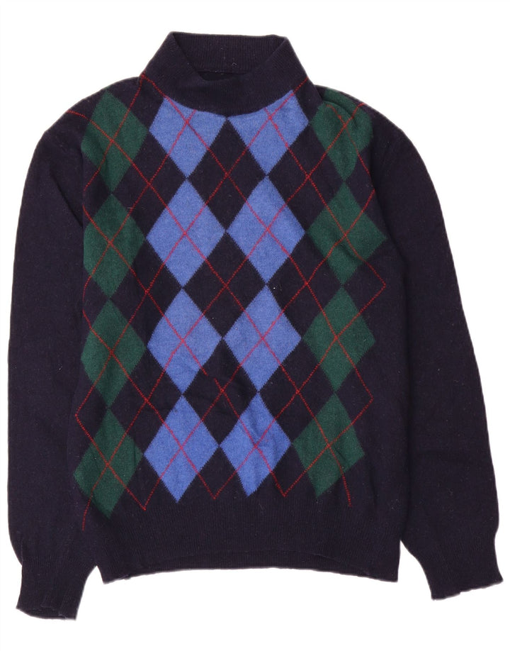 Vintage hombres tortuga cuello jumper suéter medio azul marino Argyle/Diamond