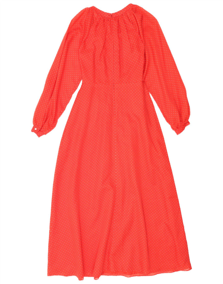 Vintage mujer manga larga Maxi vestido Reino Unido 12 medio rojo manchado poliéster