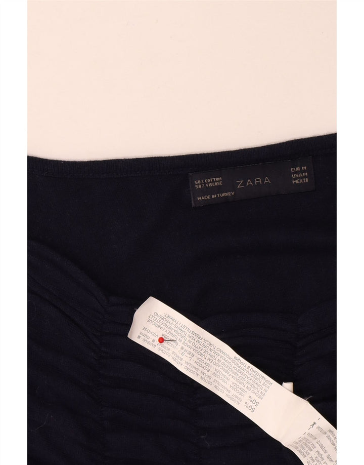 Zara Mujer Top Manga Larga UK 42 Medio Azul Marino Algodón