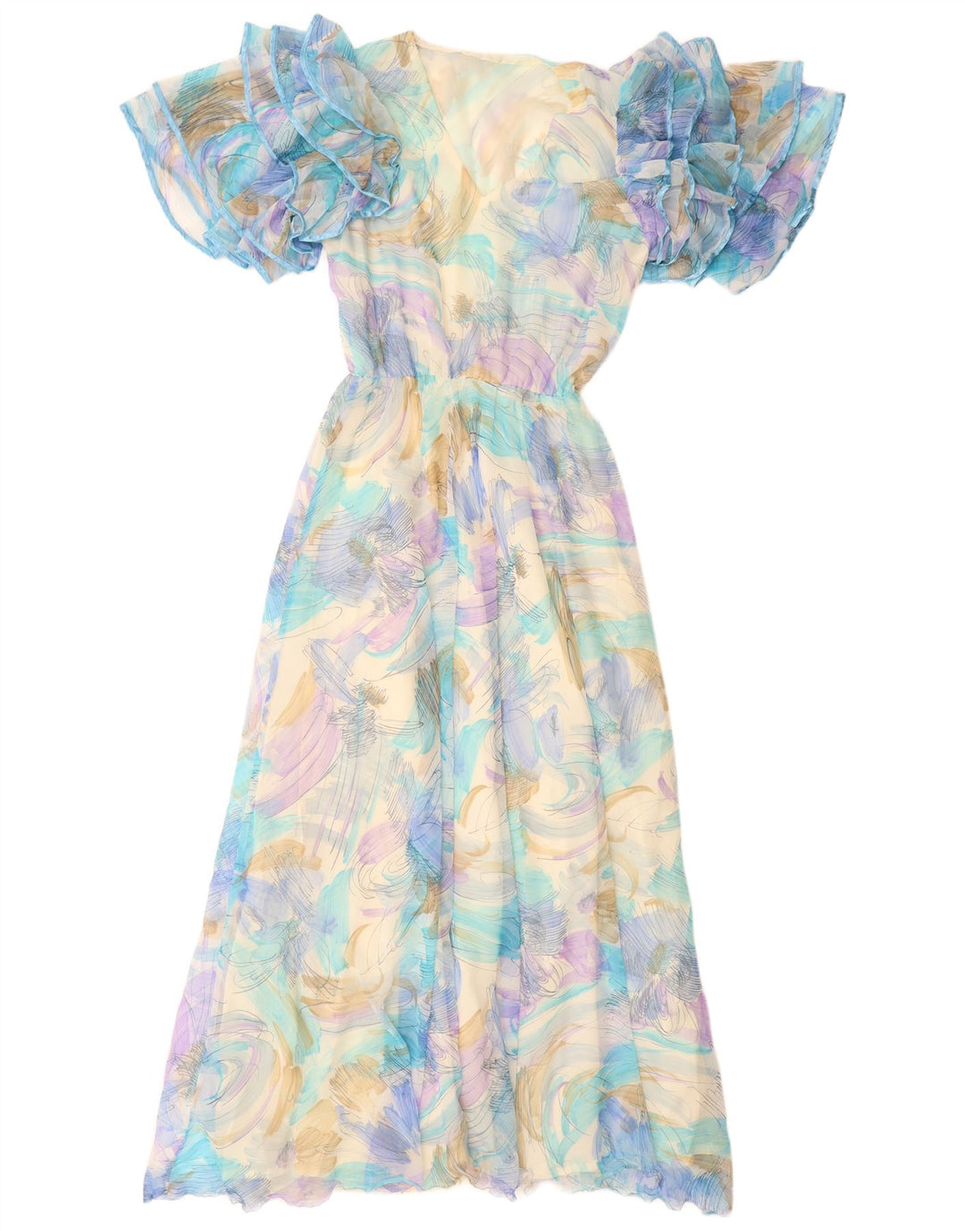 VINTAGE Mujer Patrón Abstracto Maxi Vestido Reino Unido 12 Azul Medio