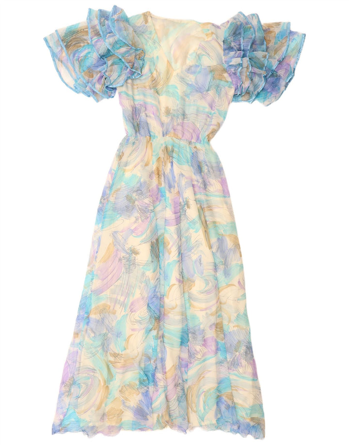VINTAGE Mujer Patrón Abstracto Maxi Vestido Reino Unido 12 Azul Medio