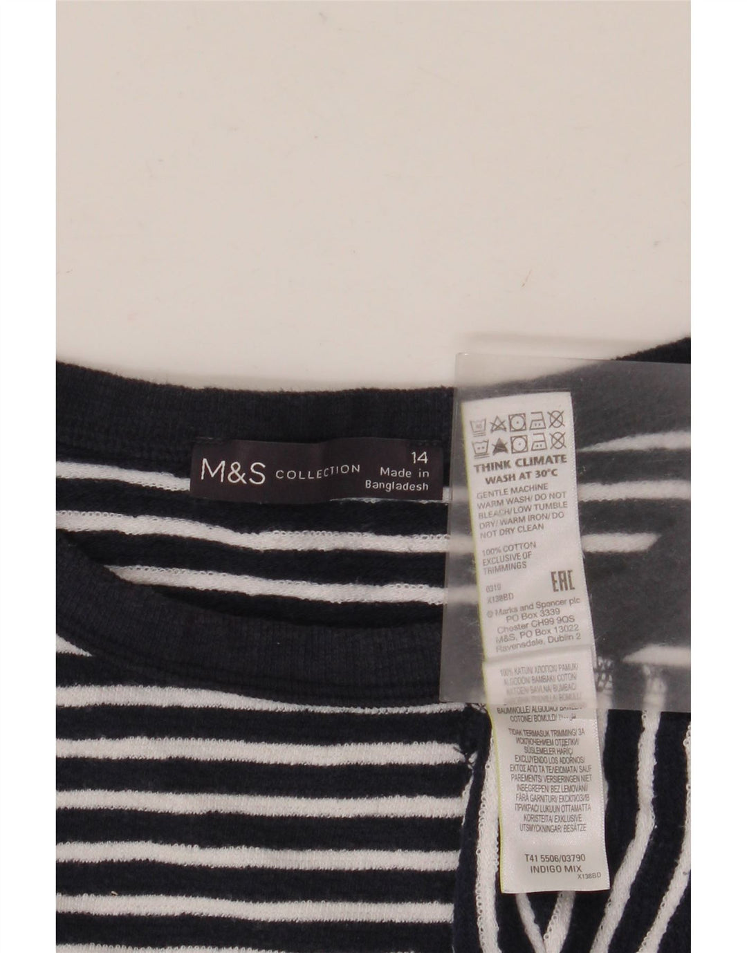 MARKS & SPENCER Camiseta de manga larga para mujer UK 40 Grande Azul marino a rayas