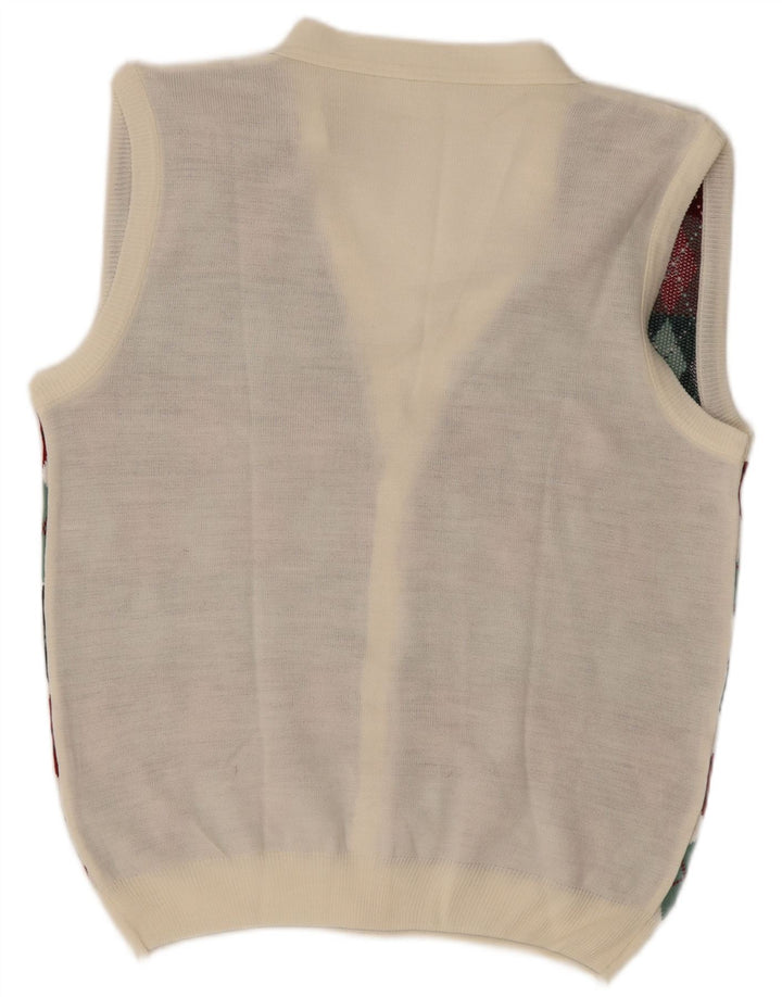 Vintage hombres sin mangas Cardigan suéter grande blanco Argyle/Diamond