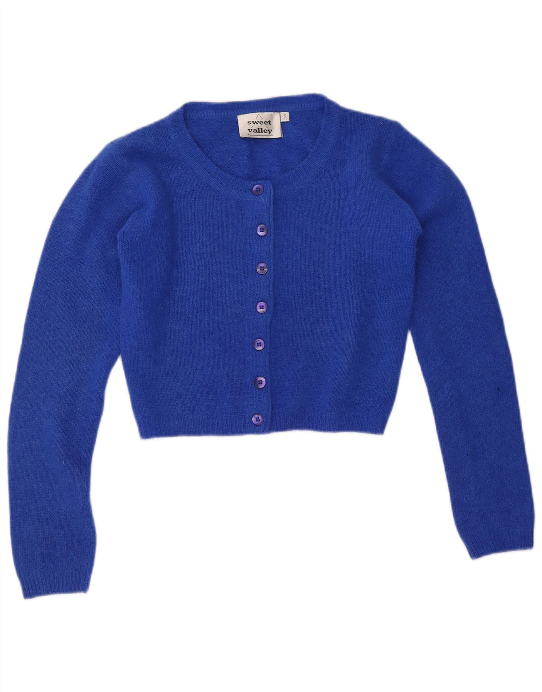 VINTAGE Mujer Crop Cardigan Suéter Reino Unido 10 Pequeña Lana Azul