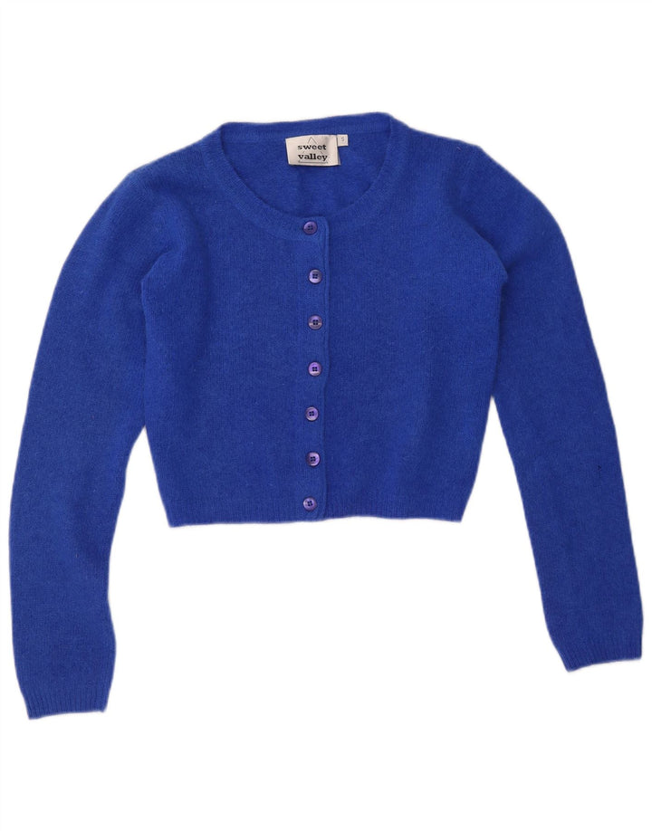 VINTAGE Mujer Crop Cardigan Suéter Reino Unido 10 Pequeña Lana Azul