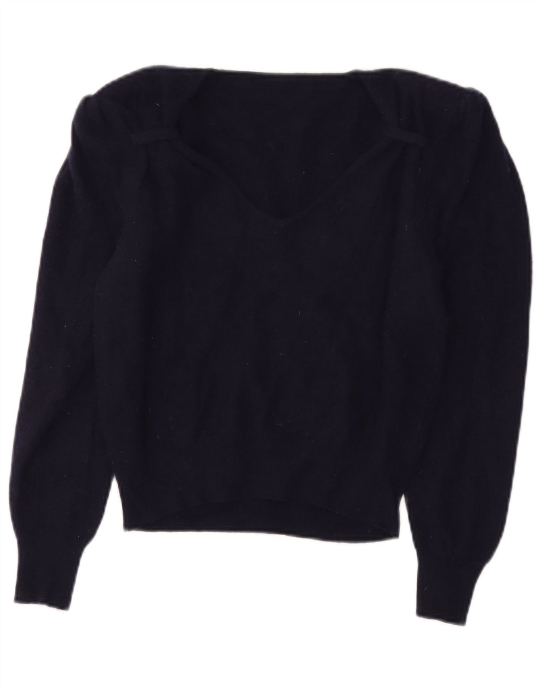 Vintage mujer crop V-cuello jumper suéter IT 44 lana azul marino medio