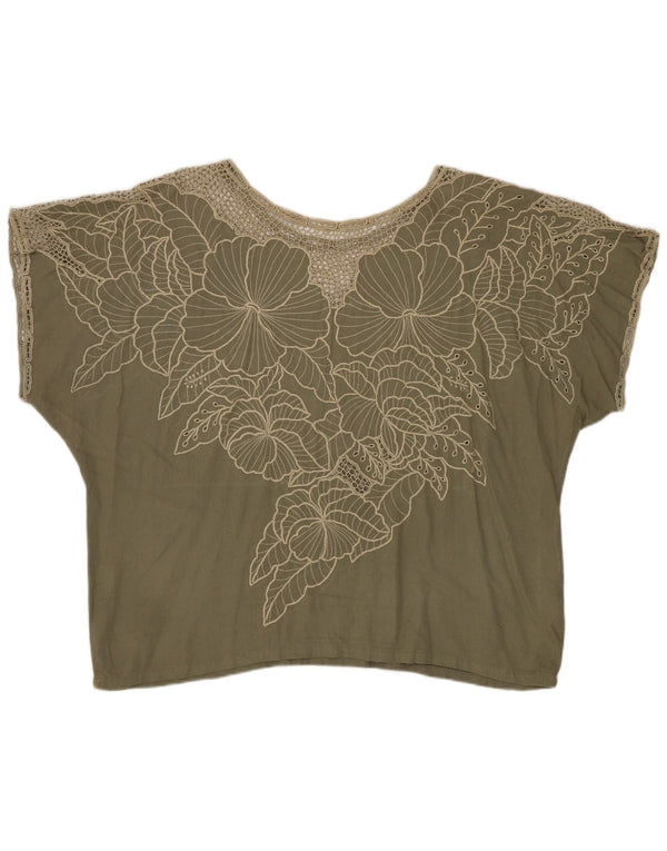 Vintage mujer blusa Top Reino Unido 16 grande caqui floral rayón