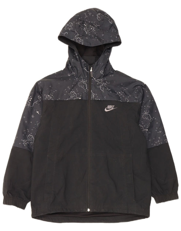 Nike - Chaqueta impermeable con capucha para niños, diseño abstracto, 10-11 años, talla mediana, color negro