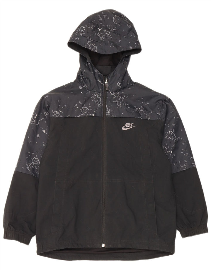 Nike - Chaqueta impermeable con capucha para niños, diseño abstracto, 10-11 años, talla mediana, color negro