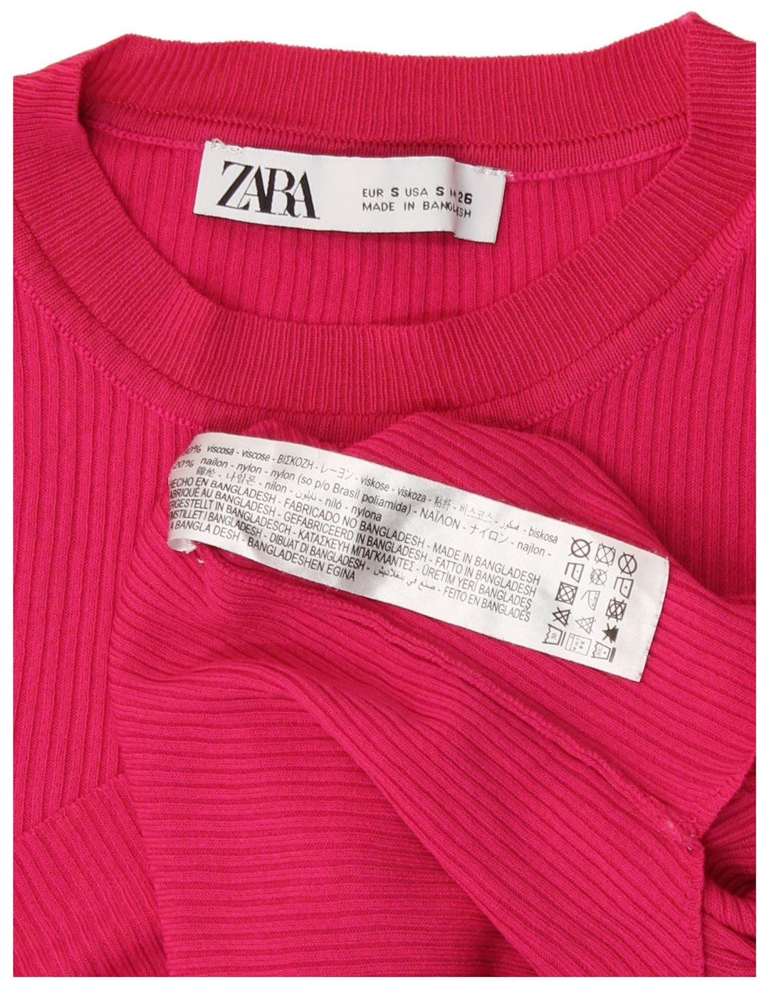 Zara Mujer Crop Top Manga Larga UK 8 Small Viscosa Rosa