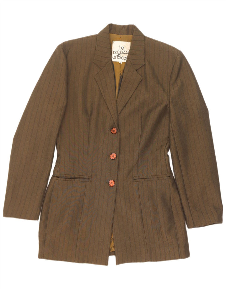 Chaqueta Blazer Vintage de Mujer de 3 Botones IT 44 Mediana Caqui a Rayas de Poliéster
