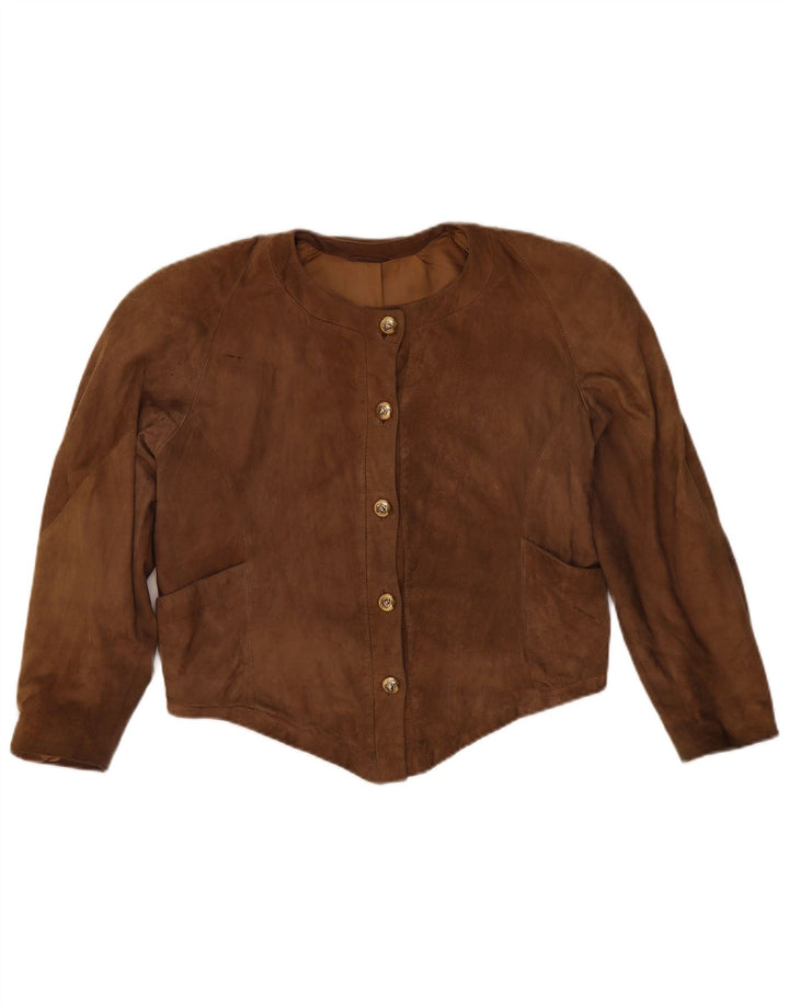 Vintage mujer crop ante chaqueta Reino Unido 14 cuero marrón medio