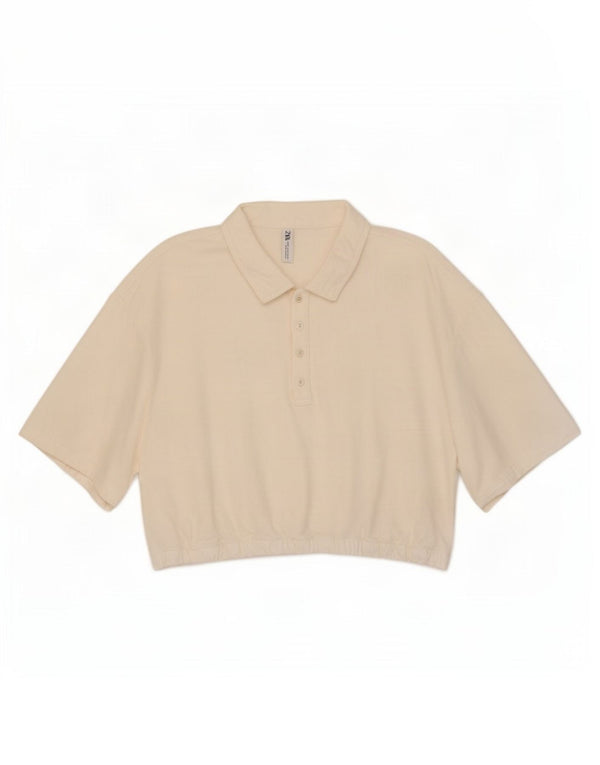 Zara Polo Corto Mujer UK 40 XL Algodón Blanco