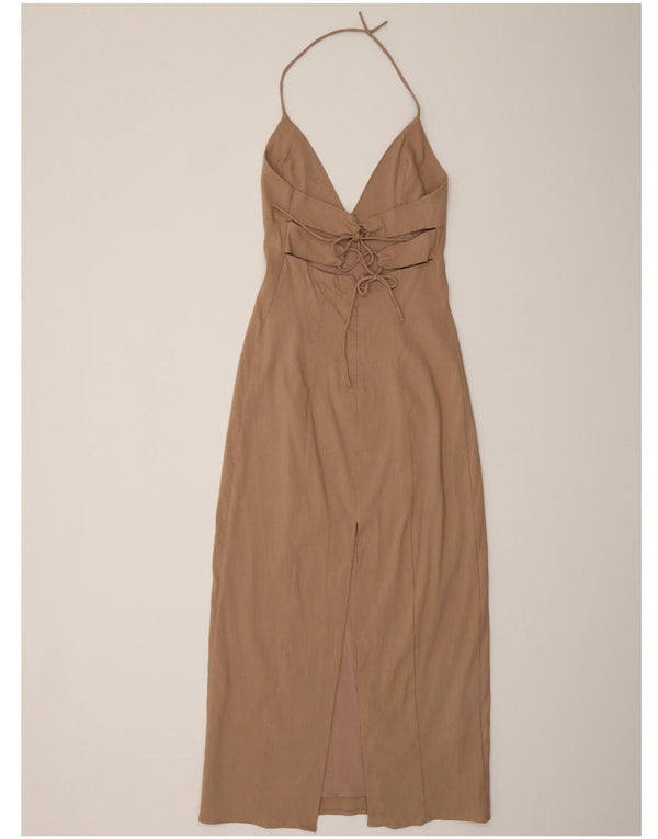 Zara Mujer Vestido Halter UK 8 Pequeño Lino Beige