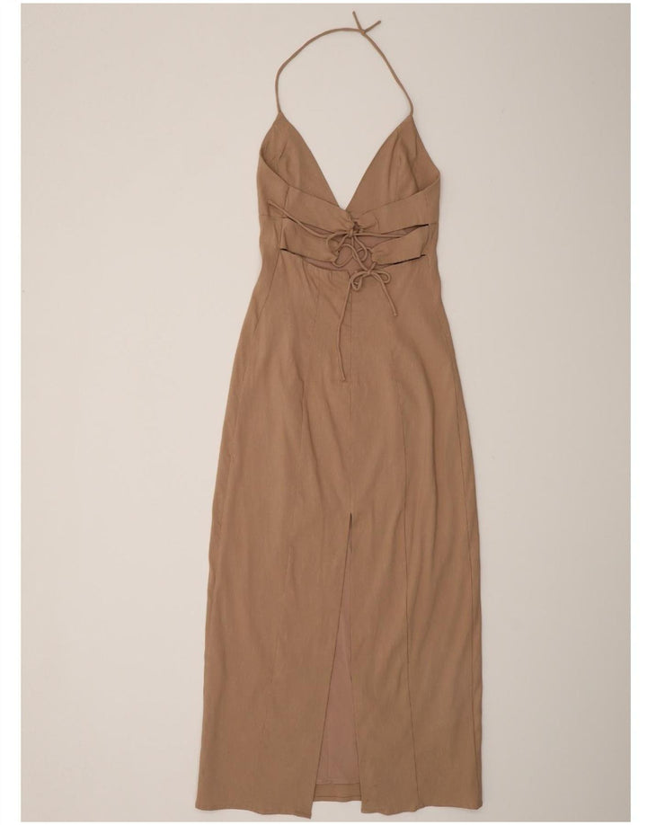 Zara Mujer Vestido Halter UK 8 Pequeño Lino Beige
