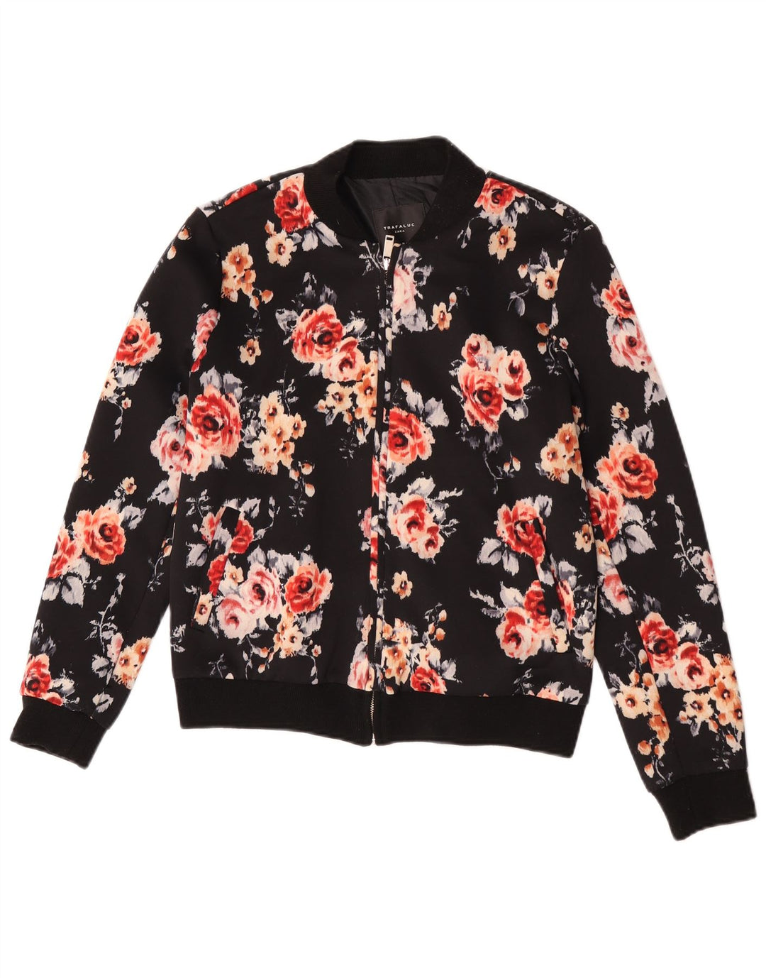 Zara Mujer Chaqueta Bomber UK 40 Mediana Negro Floral Poliéster