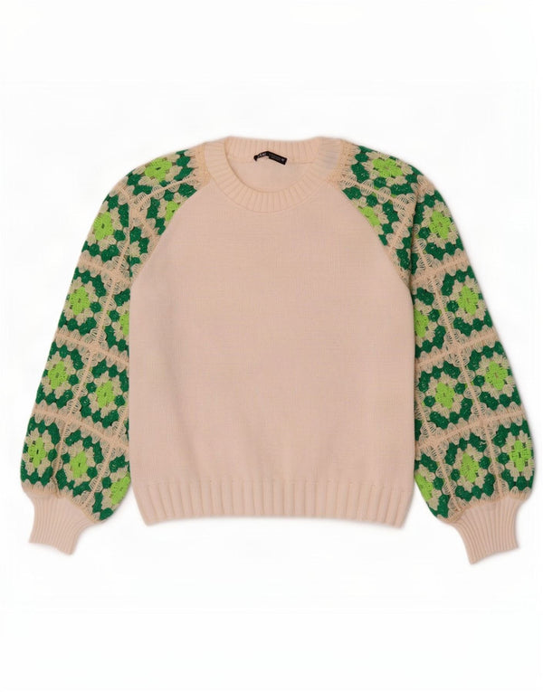 Zara - Jersey con cuello barco para mujer, talla 10, color blanco, geométrico